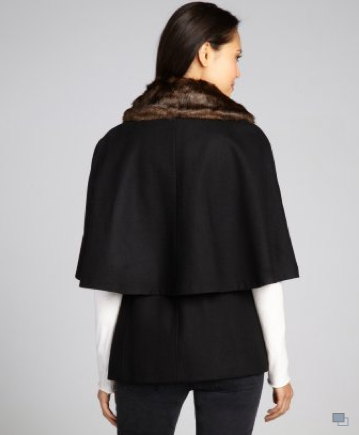 Betsey Johnson black wool-blend belted faux fur collar capelet